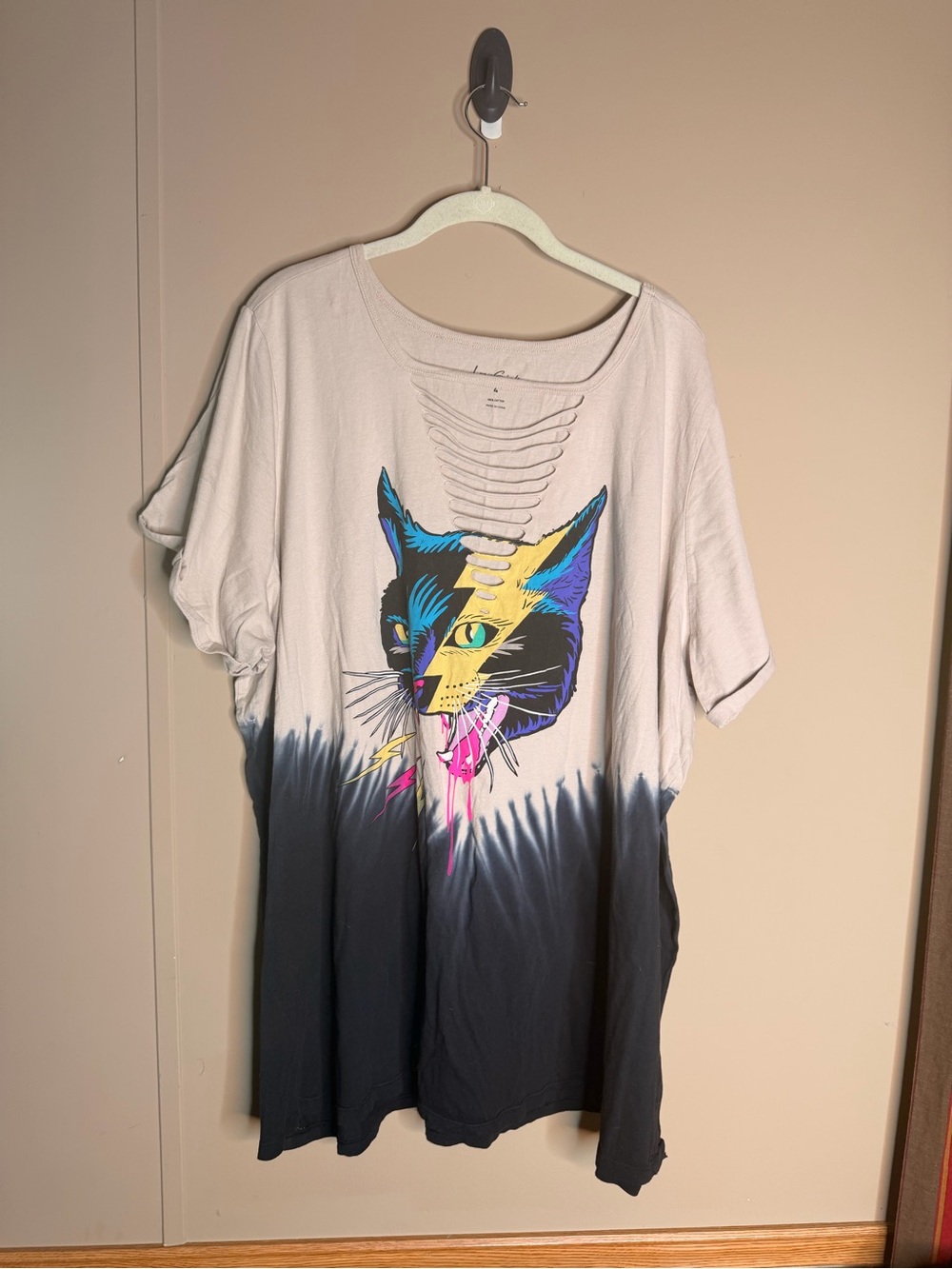Lovesick White Tee with Black Dip-Dye and Multicolor Cat Graphic